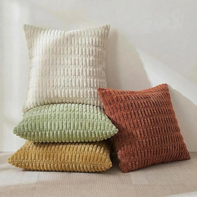 Fancy Homi 4 Packs Fall Decorative Throw Pillow Covers 16x16 Inch for Living Room Couch Bed Sofa, Rustic Farmhouse Boho Home Decor, Soft Plush Striped Corduroy Square Cushion Case 40x40 cm