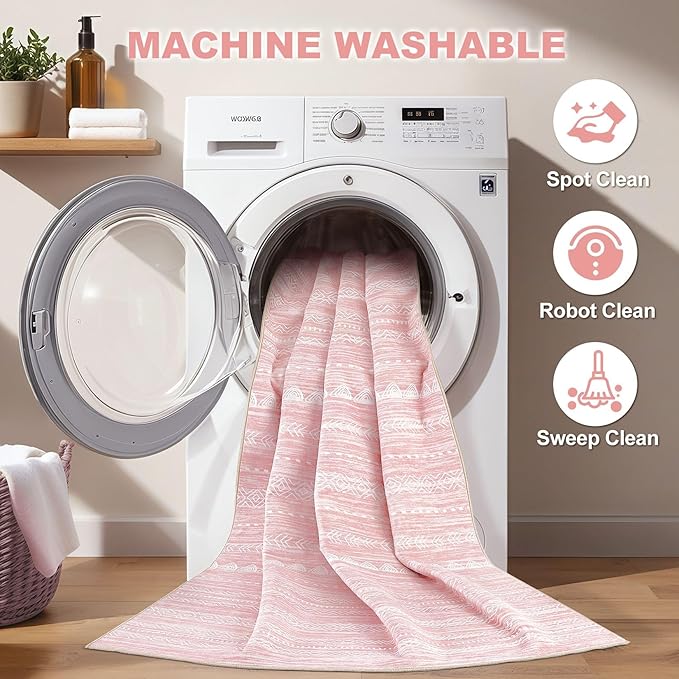 Nakagishi Pink Rugs for Bedroom Girls: 8x10 Washable Boho Large Neutral Cute Soft Area Rug Modern Indoor Floor Non Slip Accent Carpet for Living Room Nursery Kids Playroom Preppy Room Dorm Baby Room