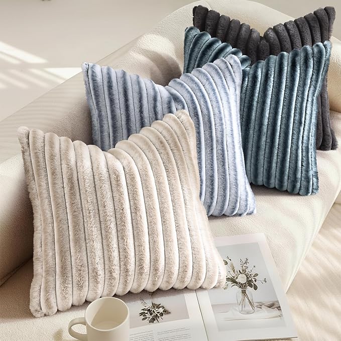 decorUhome Cozy Faux Fur Throw Pillow Covers 18x18 Set of 2 Decorative Soft Plush Striped Modern Farmhouse Boho Couch Pillow Cases with Velvet Back for Sofa Bed Living Room, Grey White