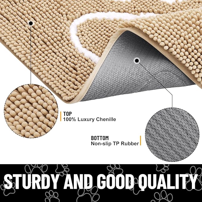 Smiry Dog Door Mat for Muddy Paws, Absorbent Dirt Trapper Non Slip Quick Dry Washable Chenille Mat for Mud Dogs, Entry Rug for Indoor and Outdoor (48x30 Inches, Beige and White)