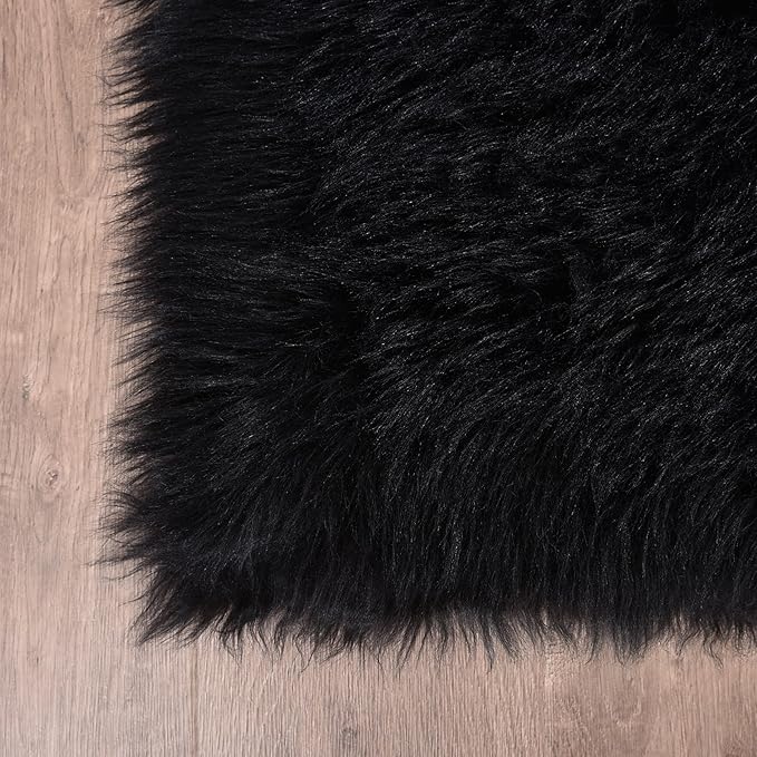 Goolela Black Sheepskin Area Rug 8x10 Fluffy Fuzzy Furry Shag Carpet for Living Room Bedroom Faux Fur Plush Rectangle