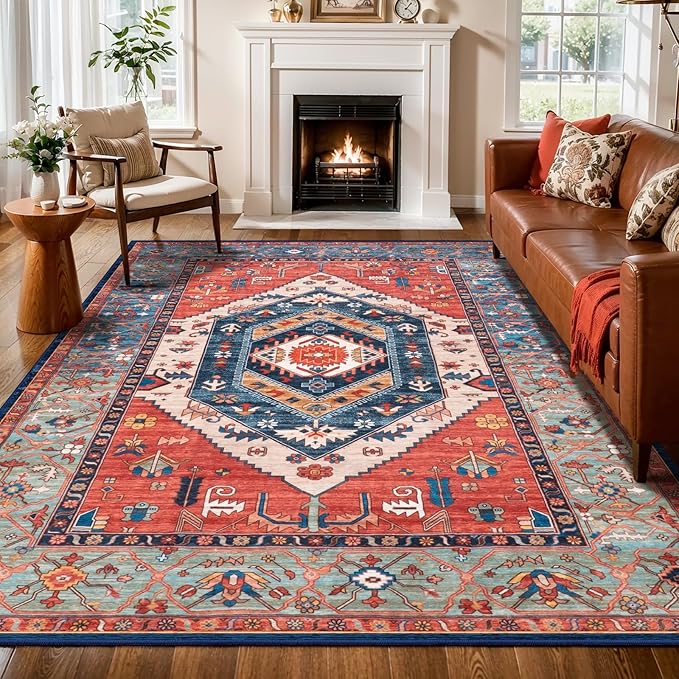SERISSA 7x9 Area Rugs for Living Room, Large Washable Non-Slip Boho Rug, Ultra Soft Vintage Rust Oriental Tribal Print Distressed Carpet for Dining Room Bedroom Dorm Office Home Decor