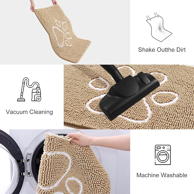 Smiry Dog Door Mat for Muddy Paws, Absorbent Dirt Trapper Non Slip Quick Dry Washable Chenille Mat for Mud Dogs, Entry Rug for Indoor and Outdoor (70x35 Inches, Beige and White)
