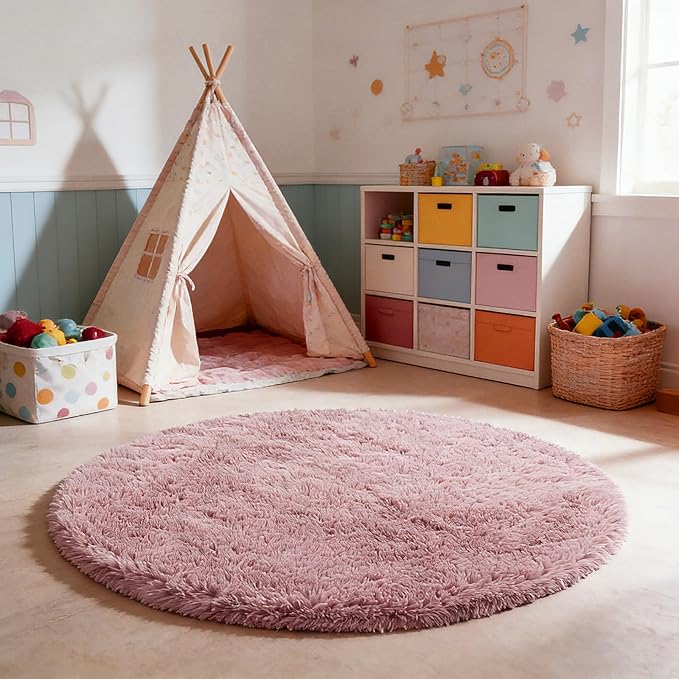 yulidayang Fluffy Round Area Rugs for Bedroom,Blush 4'X4'Shag Circle Area Rugs for Living Room,Non Slip Fuzzy Plush Rug for Kids Room Boys Girls Room and Dorm