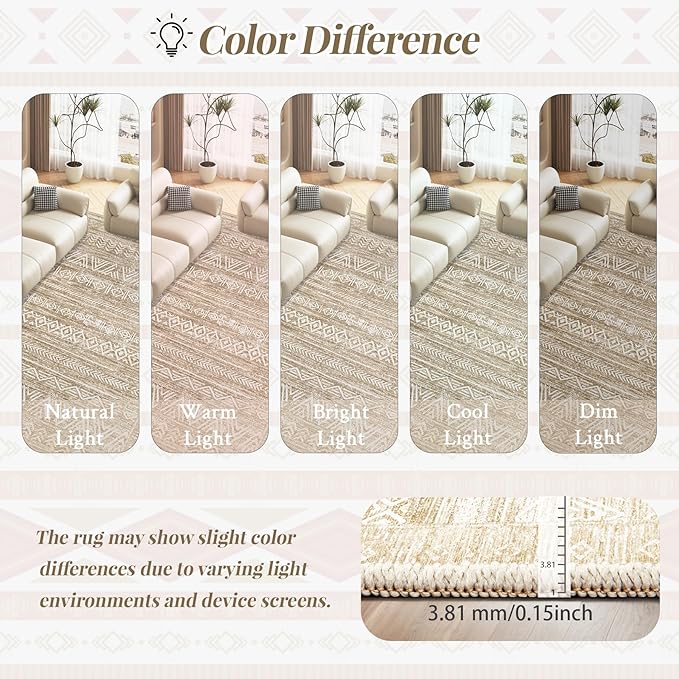 Living Room Rugs 9x12: Washable Moroccan Geometric Boho Rug Farmhouse Non Slip Stain Resistant Large Rug Low Pile Soft Carpet for Bedroom Dining Room Kids Room (Light Brown,9'x12')