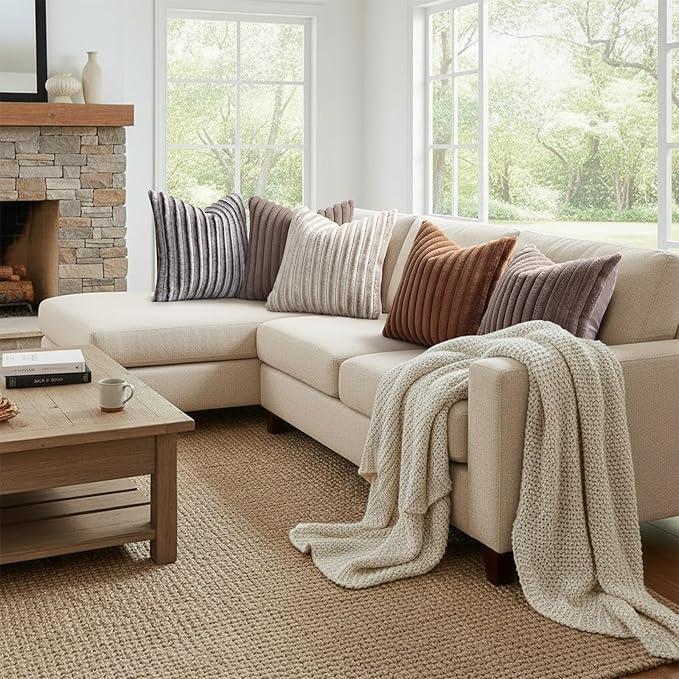 decorUhome Summer Cozy Faux Fur Throw Pillow Covers 26x26 Set of 2 Decorative Plush Striped Modern Farmhouse Boho Couch Euro Sham Pillow Cases with Velvet Back for Sofa Bed Living Room, Beige White