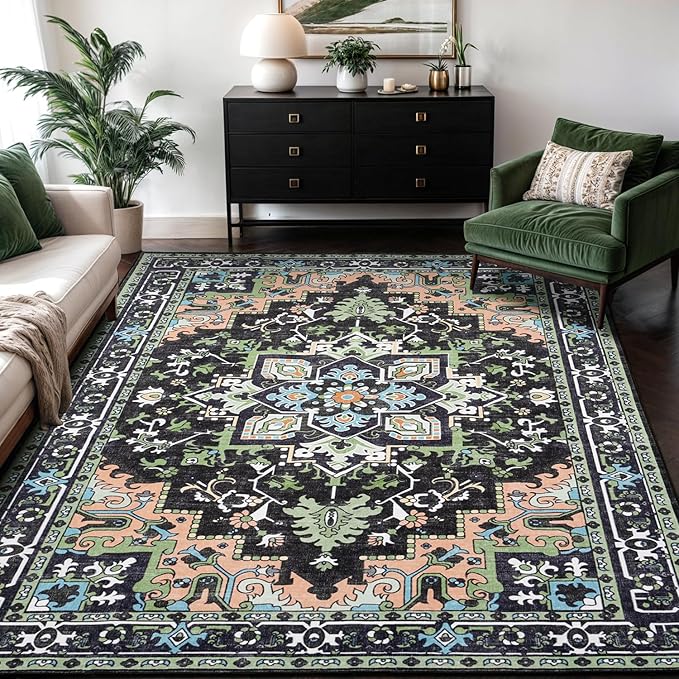 Lofus 6x9 Washable Area Rugs, Large Area Rug for Living Room, Bedroom, Office, Dining Room, Non-Slip Vintage Boho Rug, Low-Pile Soft Carpet, Traditional Oriental Style, Dark Green