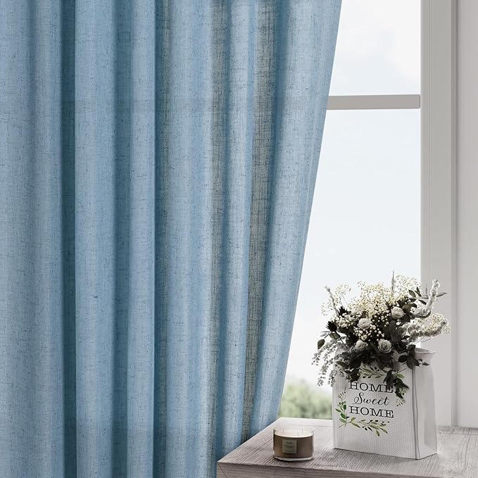Nanspring Blue Linen Blend Semi Sheer Light Filtering Curtains 86 Inches Long 2 Panel Set Pocket Back Tab Privacy Home Decor Curtain Drapes for Bedroom Living Room 52x86