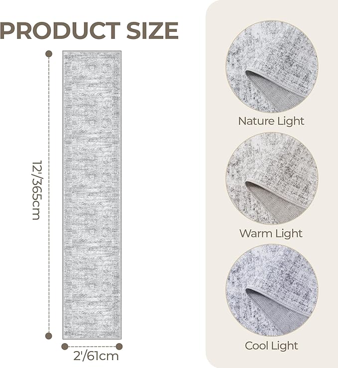 Long Hallway Runner Rug- Carpet Runners for Hallway 12ft, Anti Slip Backing Washable Rug Runner for Bathroom, Entrance, Living Room, Soft Low Pile Modern Rug Runner(2'x12', Grey/Ivory)