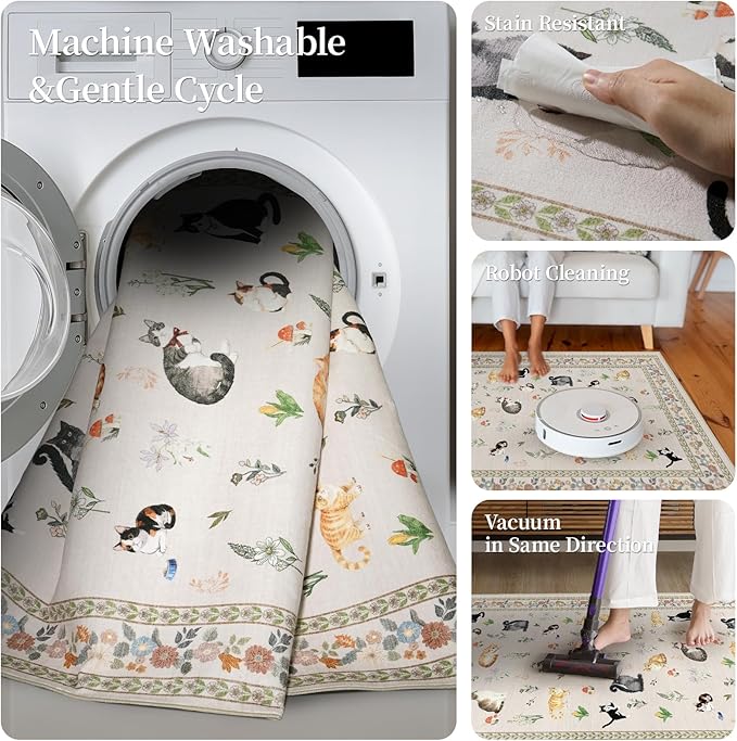 2'6"x8' Washable Kitchen Runner Rug - Soft Low Pile Floral Animal Cat Print Rugs with Non-Slip Backing Waterproof Stain-Resistant Indoor Carpet for Hallway Entryway Bathroom Bedroom (Light Beige)
