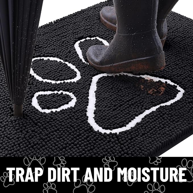 Smiry Dog Door Mat for Muddy Paws, Absorbent Dirt Trapper Non Slip Quick Dry Washable Chenille Mat for Mud Dogs, Entry Rug for Indoor and Outdoor (70x35 Inches, Black and White)