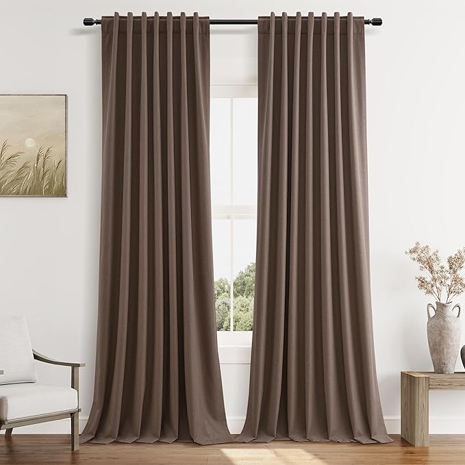 Guken Mocha Mousse 100% Blackout Linen Curtains 96 Inch Length 2 Panels Set for Living Room Bedroom Back Tab/Rod Pocket Thermal Insulated Farmhouse Black Out Drapes Room Darkening,52x96