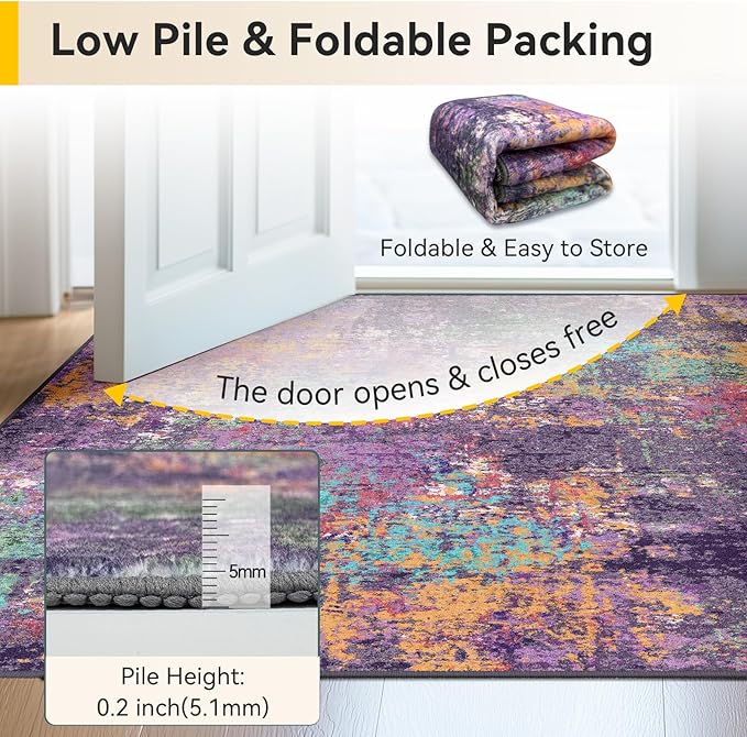 Washable Area Rugs 6'x8' Non-Slip Modern Abstract Soft for Living Room Entryway Bedroom Nursery, Print Pattern, Purple Orange Blue Green Rust Red Colorful
