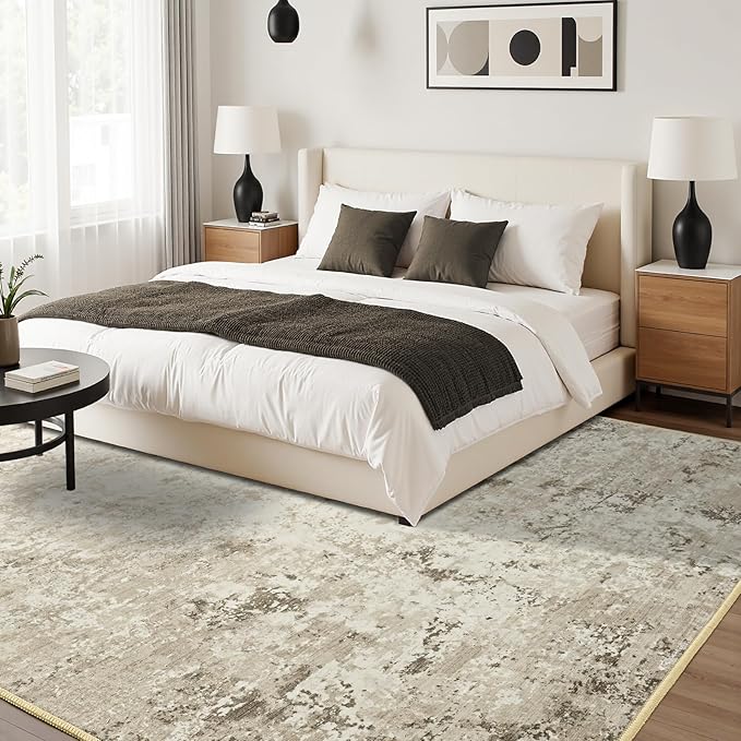 Toneed Abstract Area Rug 7x9 Modern Washable Rug Soft Non Slip Rug Low Pile for Bedroom Living Room Dining Room Beige