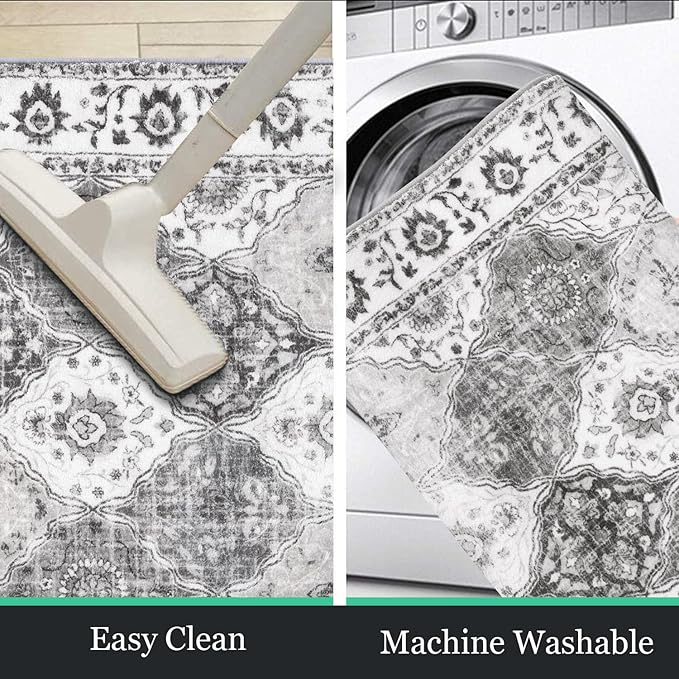 HEBE Washable Area Rug - 3'x5' Non Slip Soft Distressed Medallion Bedroom & Living Room Accent Throw Vintage Entry Floor Carpet for Dining Room & Bathroom Entryway