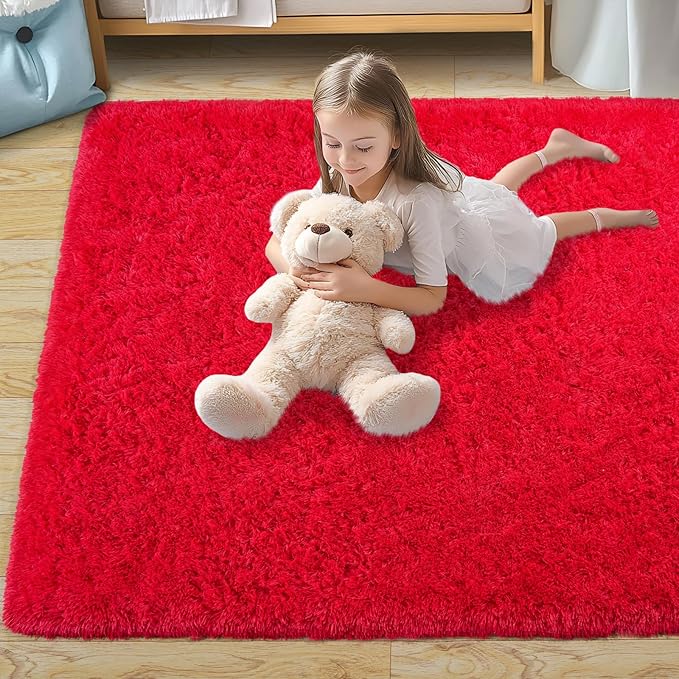 Pionblank Fluffy Area Rug for Bedroom 4x6 Feet, Shag Soft Rug for Living Room, Indoor Comfy Cute Plush Bedside Carpet for Girls Boys Room Teens Dorm Nursery Decor, Red