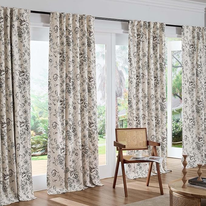 jinchan Blackout Floral Curtains for Living Room Bedroom Linen Blend Curtain Farmhouse Black Printed with Lined Back Tab Rod Pocket Drapes Window Treatments 2 Panels 120 Inch