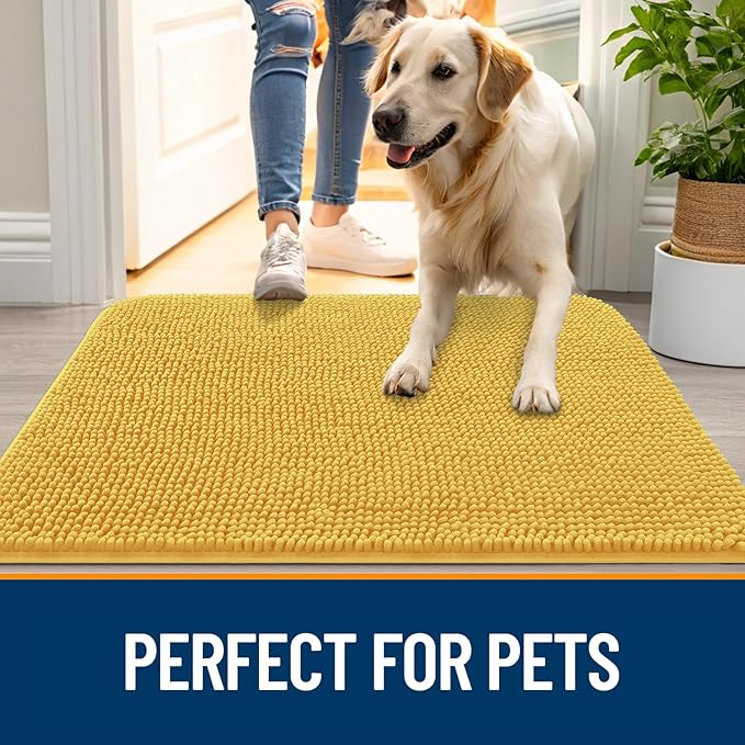 OLANLY Dog Door Mat for Muddy Paws 50x30, Absorbs Moisture and Dirt, Absorbent Non-Slip Washable Doormat, Quick Dry Chenille Mud Mat for Dogs, Entry Indoor Entryway Carpet for Inside Floor, Yellow
