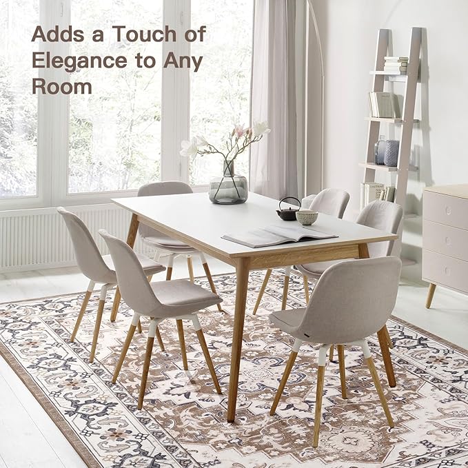 Lofus 3x5 Area Rugs for Living Room, Machine Washable Area Rug, Soft Small Rugs for Bedroom, Kitchen, Office and Indoor, Vintage Boho Carpet, Non-Slip Low Pile Carpets, Floral Brown
