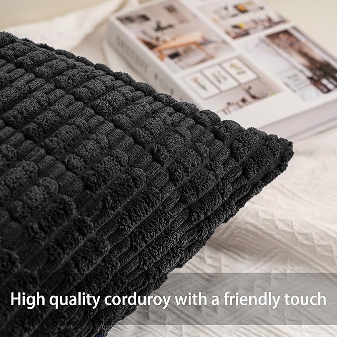 Pack of 2 Corduroy Decorative Throw Pillow Covers 22x22 Inch Soft Striped Pillow Covers Modern Farmhouse Home Decor for Sofa Living Room Couch Bed（Black）