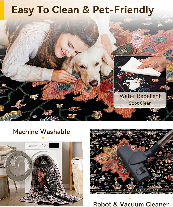 Area Rugs 2'6''x14' Runner Rug Non Slip Washable for Kitchen Hallway Bedroom Beside Laundry Room Bathroom Rug, Floor Carpet, Black Colorful Floral Dark Tan