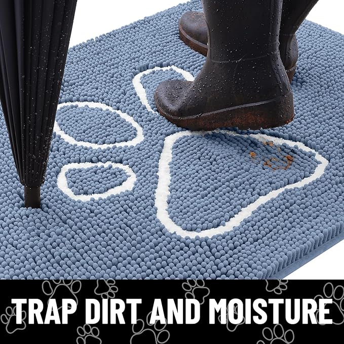 Smiry Dog Door Mat for Muddy Paws, Absorbent Dirt Trapper Non Slip Quick Dry Washable Chenille Mat for Mud Dogs, Entry Rug for Indoor and Outdoor (59x24 Inches, Airy Blue and White)