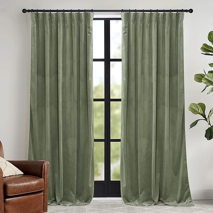 RYB HOME Sage Green Velvet Curtains 80 inches with Hook Belt, Soft Fabric Room Darkening Thermal Insulated Luxurious Home Decor Curtains for Living Room Bedroom, W 52" x L 80", 2 Panels Set
