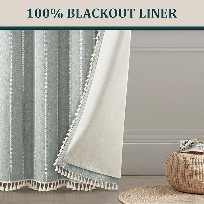Teal Boho Blackout Curtains 96 Inches Long Light Green Linen Blend 2 Panels with Tassels and Cotton Embroidery, Farmhouse Vintage Rustic Rod Pocket Drapes for Living Room or Bedroom