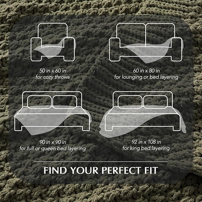 EVERGRACEHOME Chunky Chenille Knit Throw Blanket for Couch, Soft Luxurious Moss Stitch Chair Blankets for Bed, Cozy Decorative Farmhouse Knitted Throws for Sofa, Olive Green, 50" x 60"