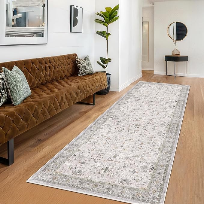 Hazo Haus Light Gray Kitchen Rug 10 ft Long - Modern Neutral Boho Unique Floral with Brown Accent, Washable Low Pile Non-Slip Extra Long Wide Runner Rugs for Hallway, 3x10