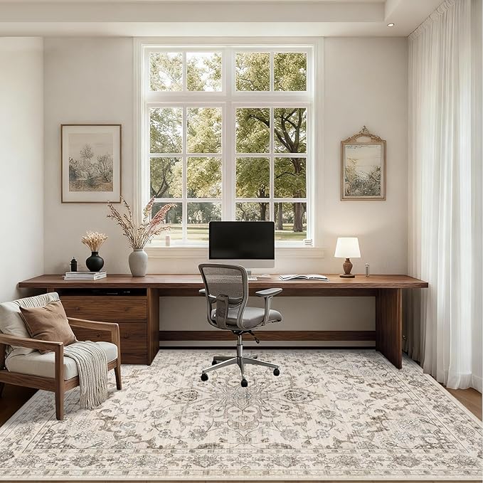 8x10 Area Rugs for Living Room: Washable Rug Soft Vintage Distressed Floral Carpet Indoor Floor Non-Slip Stain Resistant Large Carpets for Bedroom Dining Room Farmhouse Nursery Home Office Brown Beige