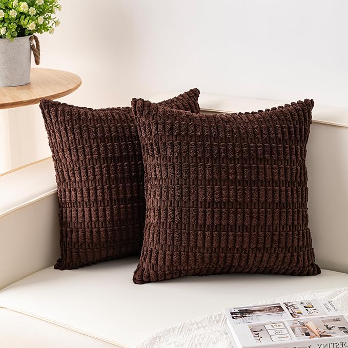 Pack of 2 Corduroy Decorative Throw Pillow Covers 20x20 InchSoft Boho Striped Pillow Covers Modern Farmhouse Home Decor for Sofa Living Room Couch Bed（Dark Brown）
