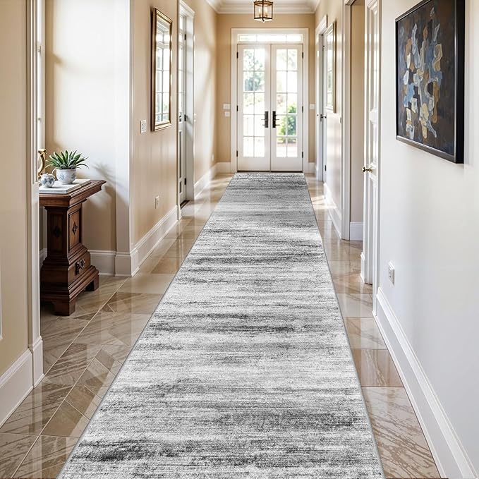 2x10 Washable Runner Rugs for Hallway: Easy-to-Clean Abstract Runners for Entryway Kitchen Dining Room- Stain and Water Resistant Rugs with Non-Slip Backing - Soft Low-Pile Carpet Grey