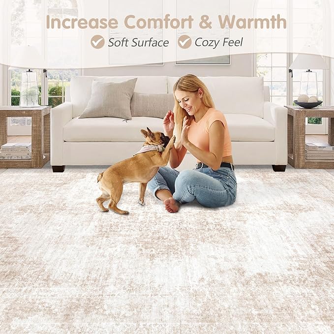 Area Rug 10x14 Vintage Rugs: Large Washable Living Room Rug Retro Medallion Distressed Soft Low Pile Non-Slip Rugs Indoor Floor Carpet for Bedroom Nursery Dining Table Office (Beige/Brown,10'x14')