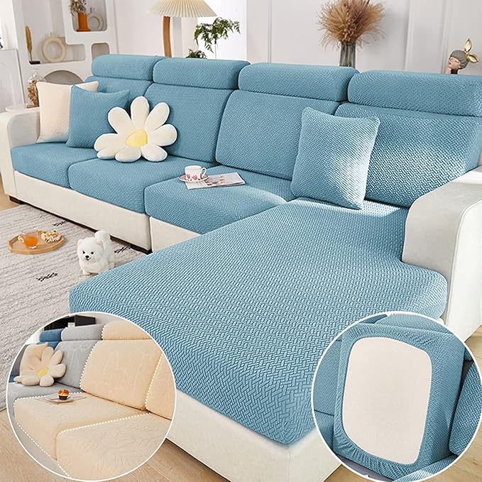 Couch Cushion Covers for Sofa Couch Covers Wear-Resistant Universal Sofa Cover Washable Stretch for Sectional Slipcovers (Texture-Sea Blue,Large Double Seat Cover)