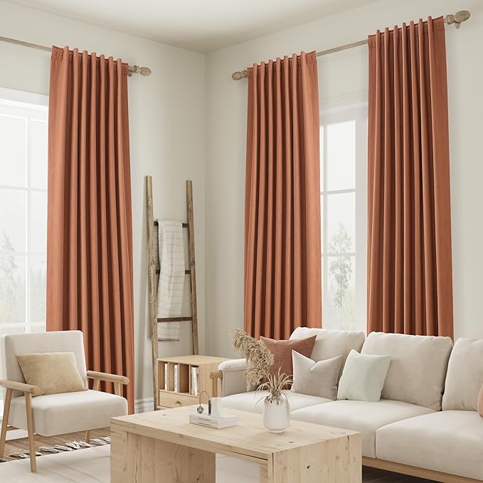 Guken Terracotta 100% Blackout Curtains 120 Inch Length 2 Panels Set Fall Curtains for Living Room Bedroom Back Tab Thermal Insulated 100% Black Out Linen Drapes，52x120