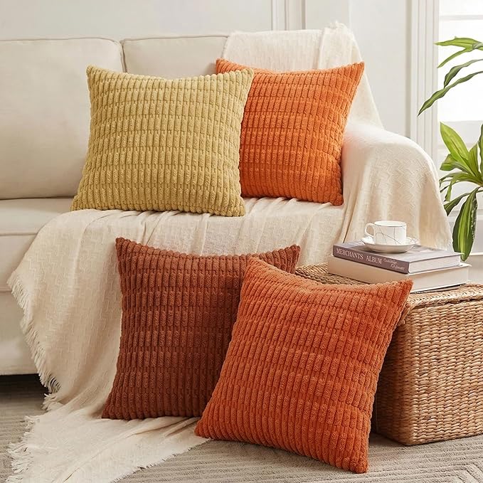 Fancy Homi Set of 4 Burnt Orange Fall Boho Decorative Throw Pillow Covers 28x28 Inch for Couch Bed Sofa, Aesthetic Modern Bohemian Room Decor, Fuzzy Fluffy Cozy Corduroy Textured Cushion Case 71x71cm