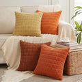 Fancy Homi Set of 4 Burnt Orange Fall Decorative Throw Pillow Covers 16x16 Inch for Couch Bed Chair, Modern Farmhouse Boho Room Decor, Soft Fuzzy Corduroy Textured Striped Cushion Case 40cm