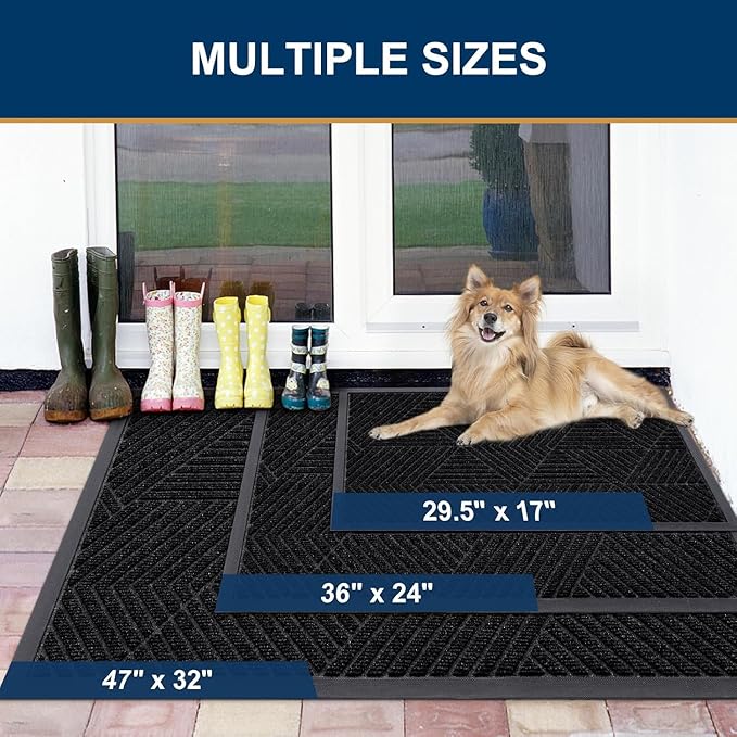Smiry Front Door Mat Outside Entrance, Heavy Duty Sturdy Natural Rubber Doormat, Trap Dirt and Moisture, Easy Clean Low Profile Mats for Indoor Outdoor Entry, Irregular Triangle (47x32, Black)