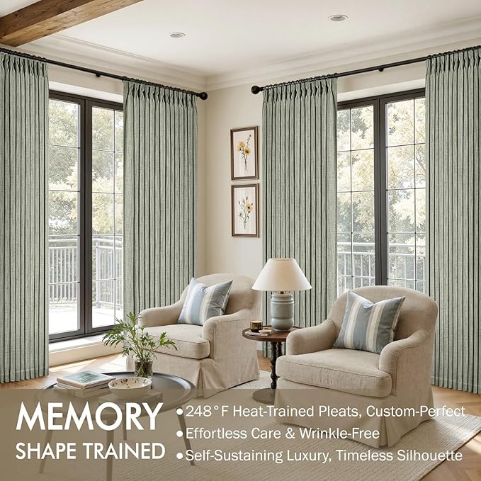 MIULEE Pinch Pleated Thick Linen Curtains 90 Inches Long 2 Panels for Living Room Bedroom, Linen Textured Memory Trained Pleat Drapes Back Tab Light Filtering Sage Green Window Curtains with Hooks