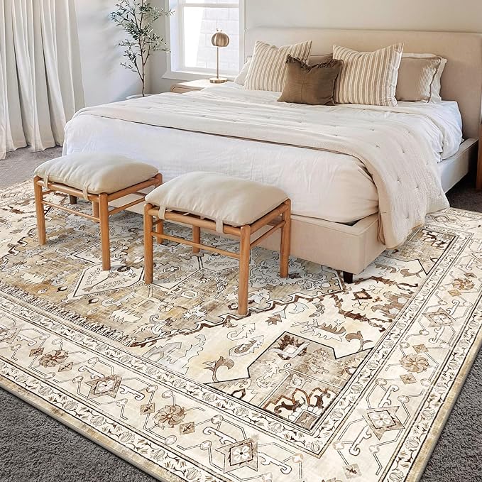 Yamaziot Area Rug 5x7, Non-Slip Washable Boho Vintage Living Room Bedroom Rug with Rubber Backing, Low Pile Faux Wool Soft Distressed Rug Floor Carpet for Living Room, Bedroom
