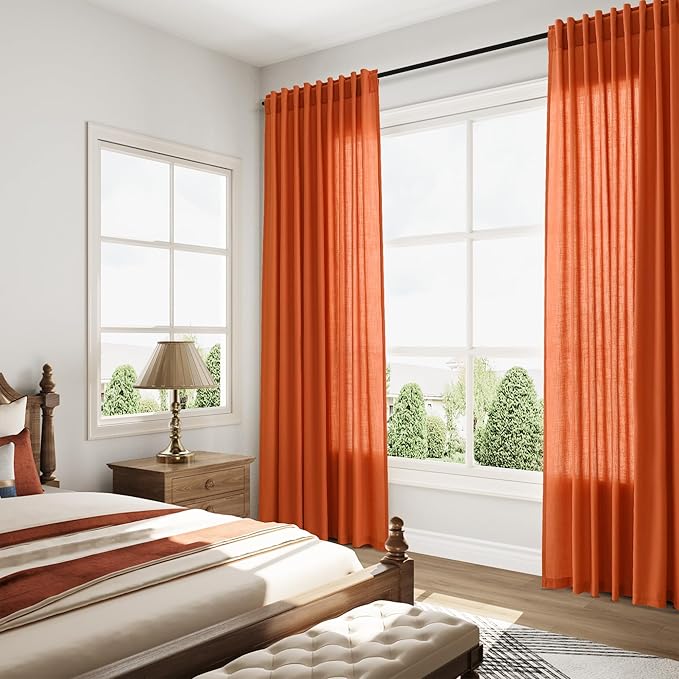 Nanspring Bright Orange Linen Blend Light Filtering Back Tab Curtains 102 Inches Long, Semi Sheer Privacy Drapes for Living Room & Bedroom, 52x102 inch, 2 Panels