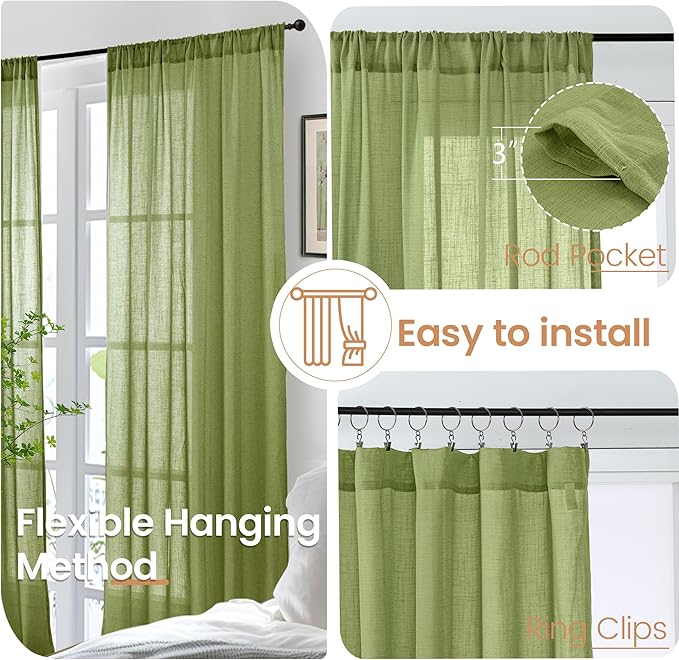 BGment 40 Inches Long Olive Green Linen Curtains for Short Window - Rod Pocket Small Drapes Textured Light Filtering for Cafe Bedroom Spring Lightweight Natural Rustic, 2 Panels Set, 42 X 40 Inch