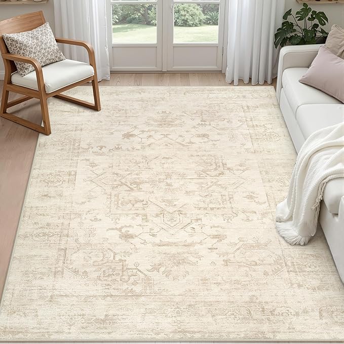 5x7 Area Rugs for Living Room: Vintage Boho Neutral Washable Rug Indoor Soft Large Area Rug Carpet for Bedroom Nursery Farmhouse Dining Room Office Floor Non-Slip Low Pile Under Table Rug Beige/Brown