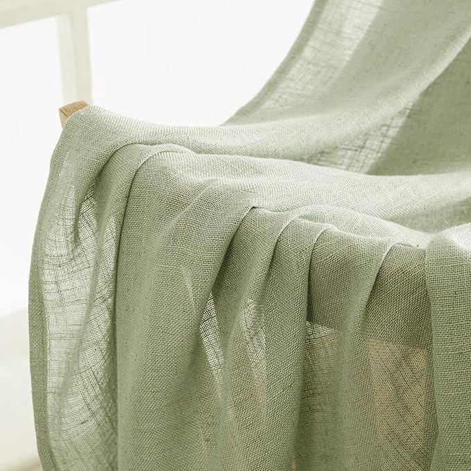 MIULEE Sage Green Linen Curtains 54 Inch Length 2 Panels for Bedroom Living Room, Soft Thick Linen Textured Short Window Drapes Semi Sheer Light Filtering Back Tab Rod Pocket Burlap Look Decor