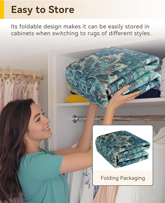 Area Rugs 4ft Washable Non-Slip, Floral Vintage Distress Print Pattern Medallion Carpet for Living Room Bedroom Dining Room, Teal Green Lake Blue Turquoise