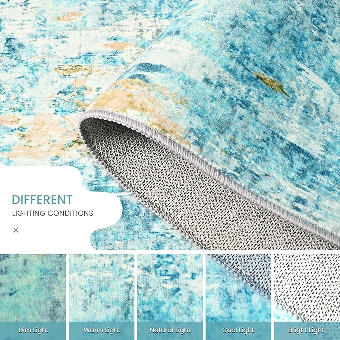 Runner Rug for Kitchen Teal Blue Hallways Runner Rug Non Slip 2'6''x8' Washable Long Runner Rugs with Rubber Backing Soft Abstract Carpet Runner for Entryway, Kitchen, Bedroom, Bathroom