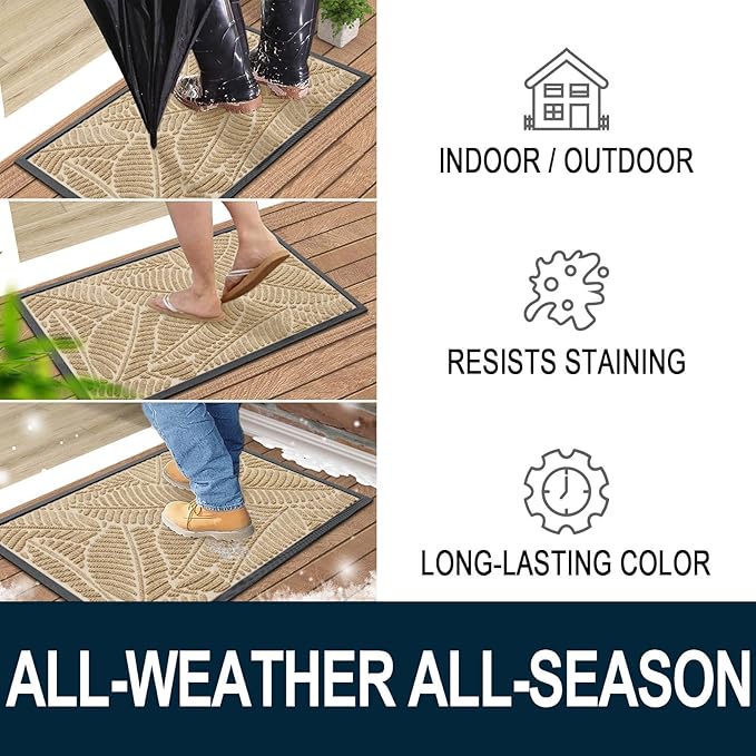 Colorxy Waterproof Doormat, Sturdy Natural Rubber Front Indoor Mat, Non Slip Low Profile Indoor Outdoor Door Mats, Stain and Fade Resistant Floor Mat, Easy Clean Patio Entrance Mat, 59''x23'', Beige