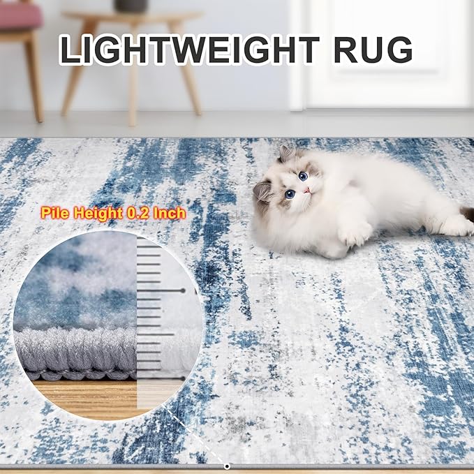 Area Rugs Living Room Rug - 4x6 Washable Modern Abstract Soft Neutral Non-Slip Carpet Large Indoor Floor Thin Carpets for Bedroom Dining Room Farmhouse Nursery Home Office White Blue Grey