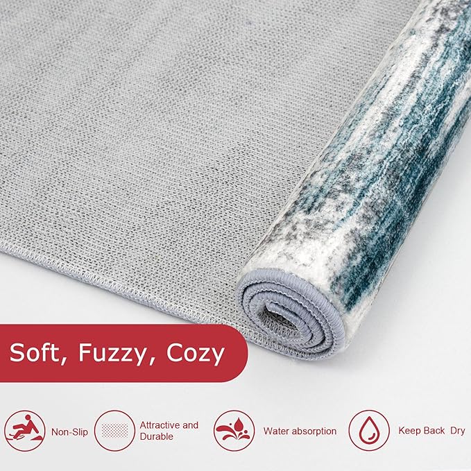 KOZYFLY Modern Abstract Hallway Runner Rug, 2.6x16 Washable Rug Runner Non-Slip Soft Striped Kitchen Runner Rugs, Print Blue Carpet Runner for Stair Entryway Bathroom Laundry Room Foyer